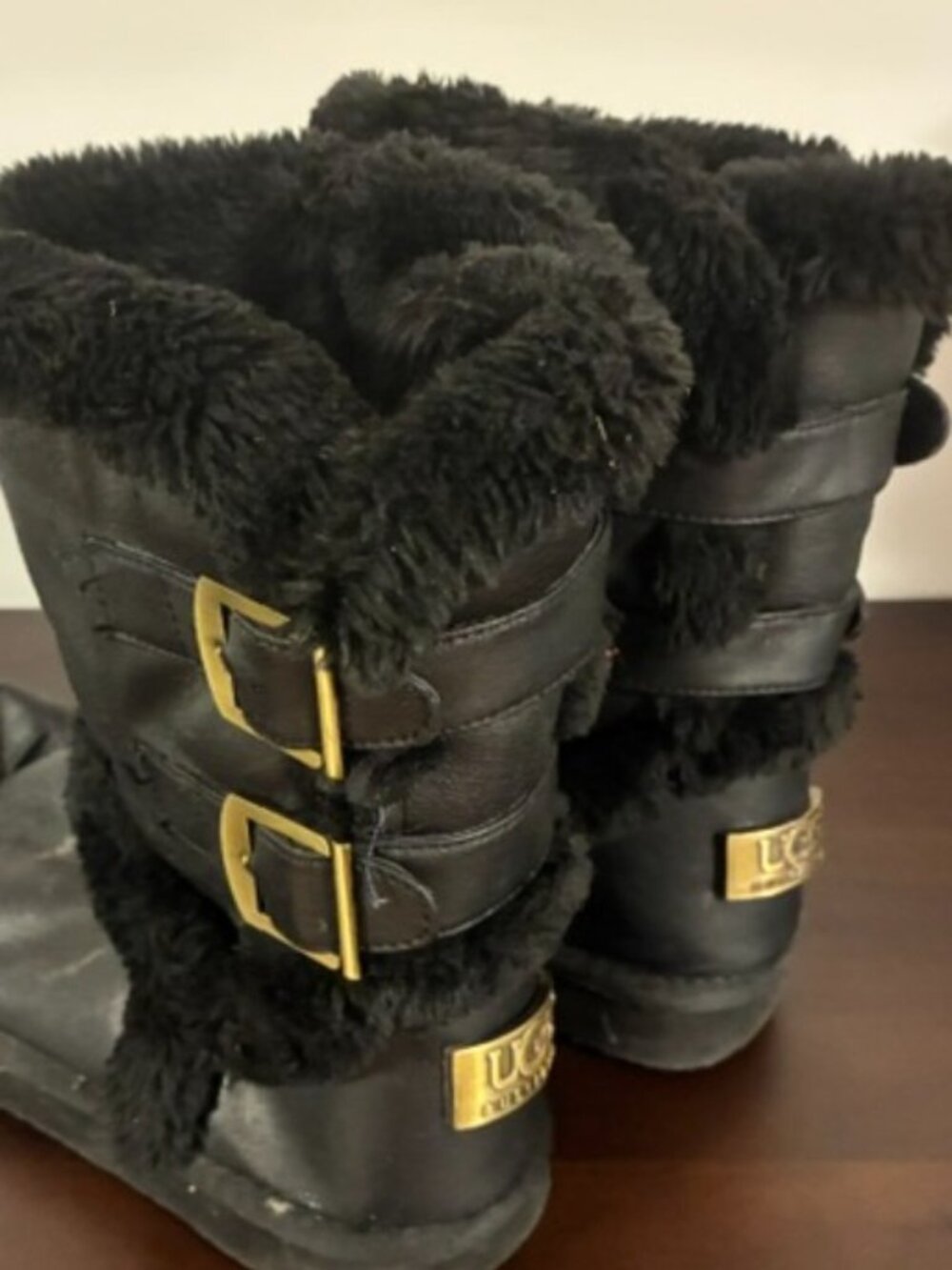 UGG Australia metal buckle black leather mid calf boots size 8